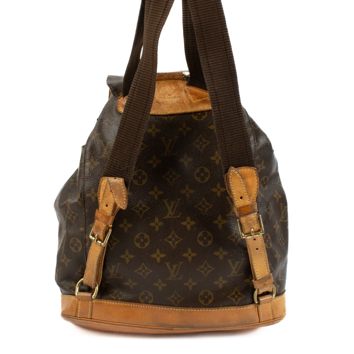 Louis Vuitton Monogram Montsouris Backpack with adjustable leather straps, front flap, and drawstring closure, featuring the iconic LV monogram canvas. Shop at Labellov.