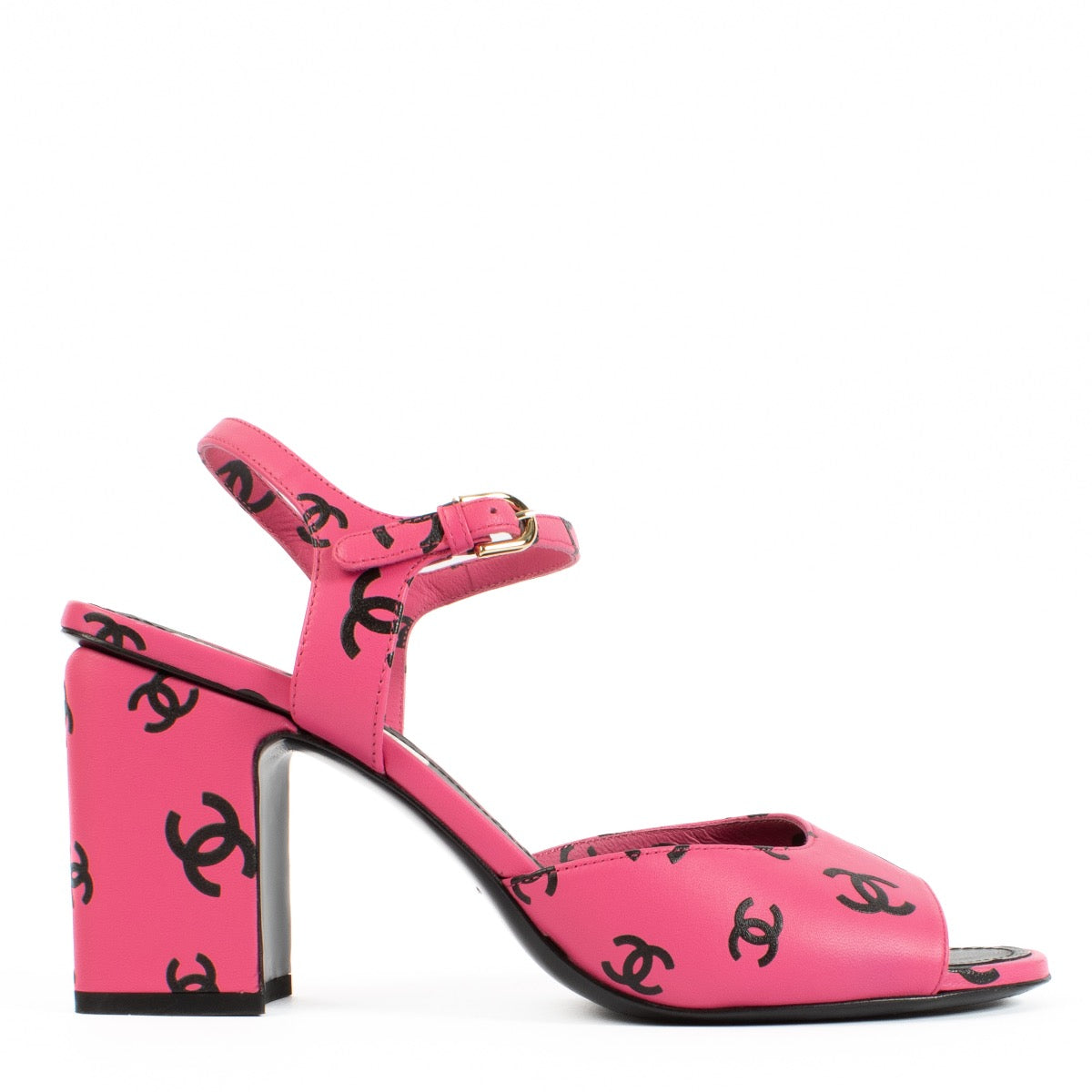Buy authentic preloved Chanel Leather Pink Monogram Heel Sandals on Labellov.com