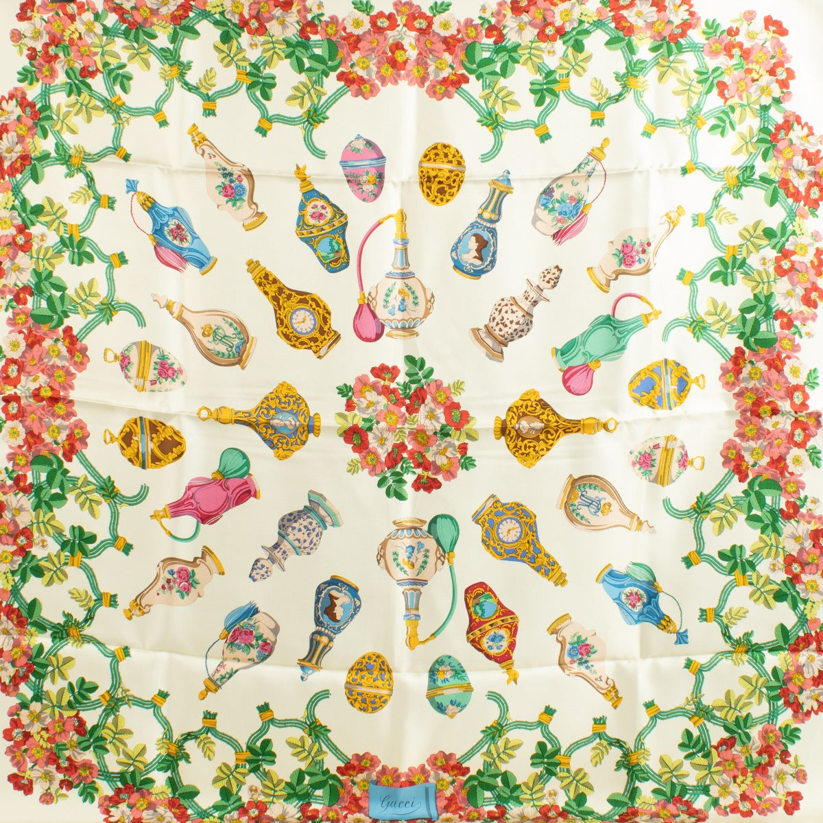 Authenic second-hand Gucci 90 Flowers & Bottles Silk Scarf on labellov.com