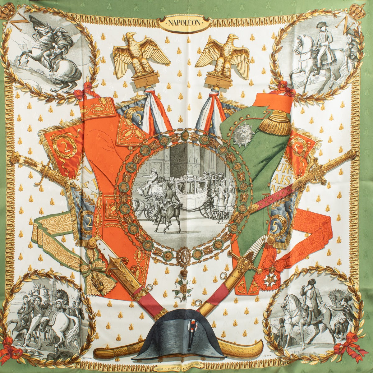 Authentic second-hand Hermès Jacquard Green Napoléon Carré 90 Silk Scarf on labellov.com