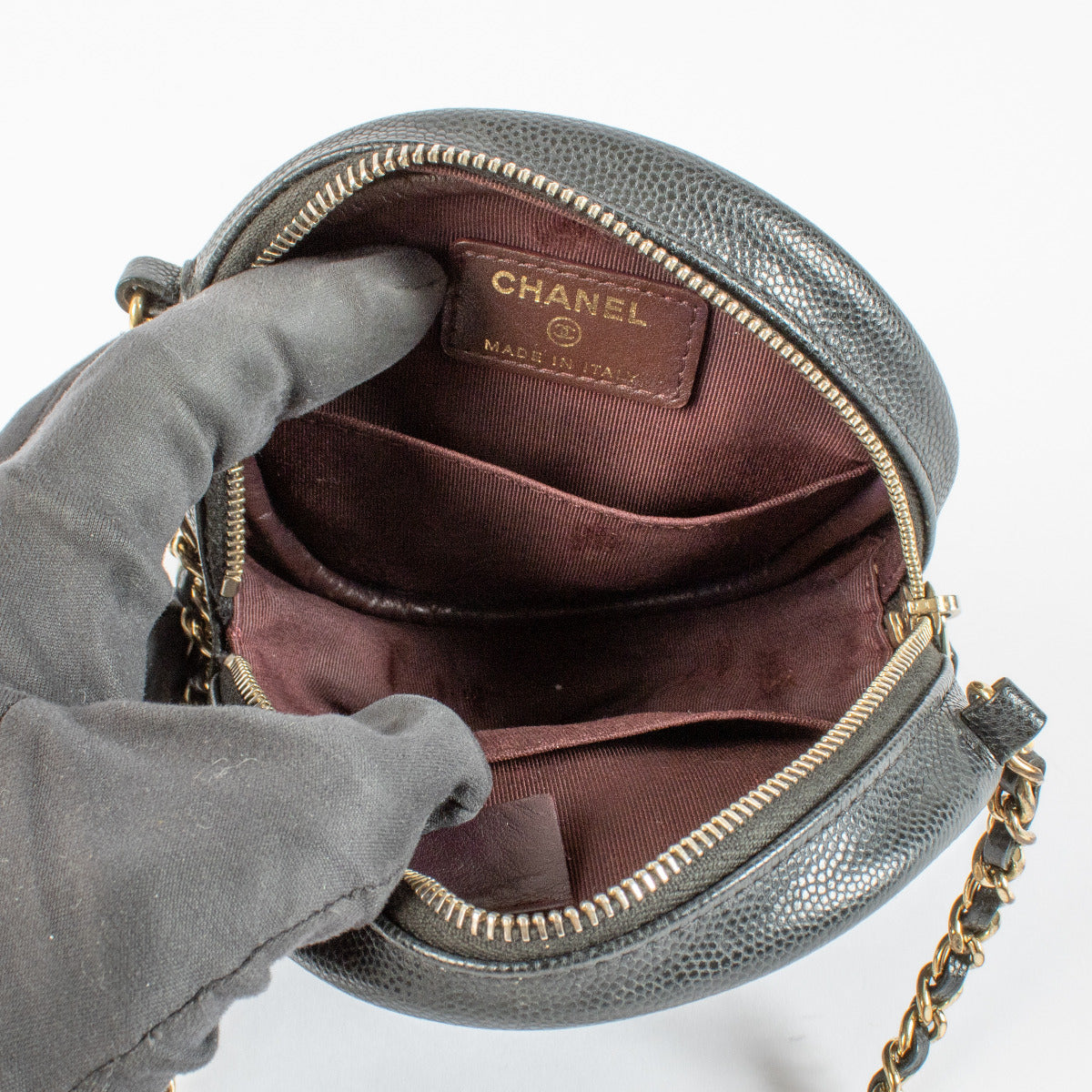 Chanel Zwart Kaviaar Rond Klassiek Clutch met Ketting