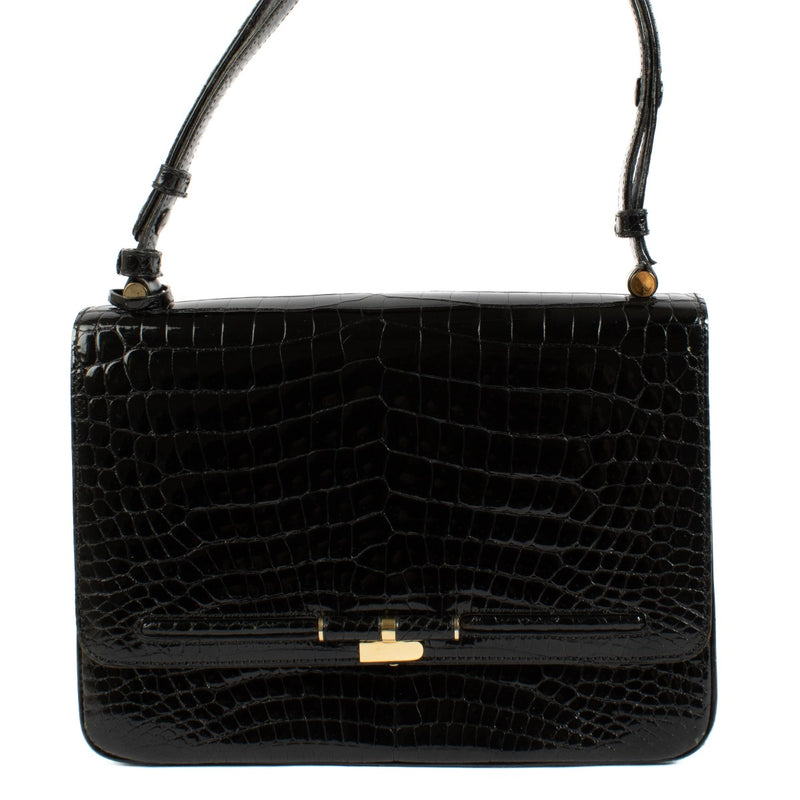 Delvaux Black Shiny Crocodile Vintage Flap Bag