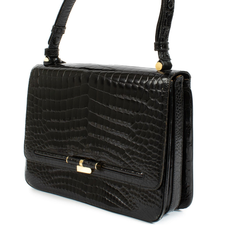 Delvaux Black Shiny Crocodile Vintage Flap Bag