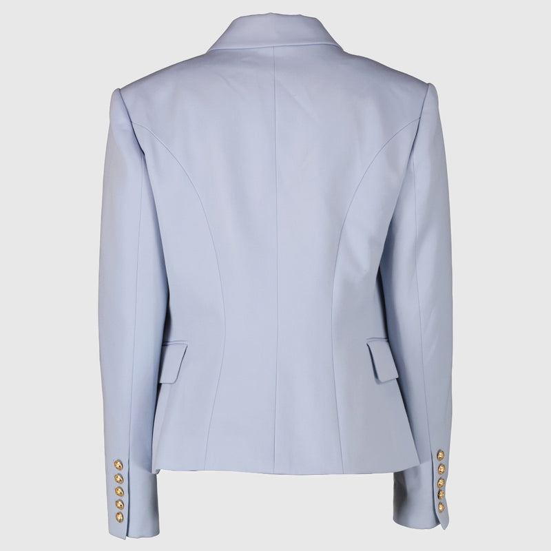 Balmain light blue double-breasted wool blazer with gold buttons at Labellov.com