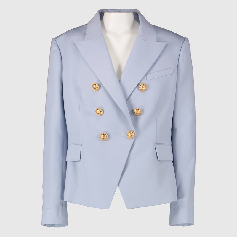 Balmain light blue double-breasted wool blazer with gold buttons at Labellov.com
