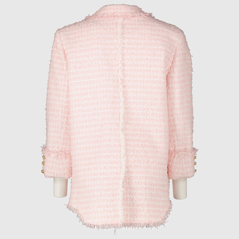 Balmain pink tweed double-breasted jacket with gold buttons, size FR 44 at Labellov.com