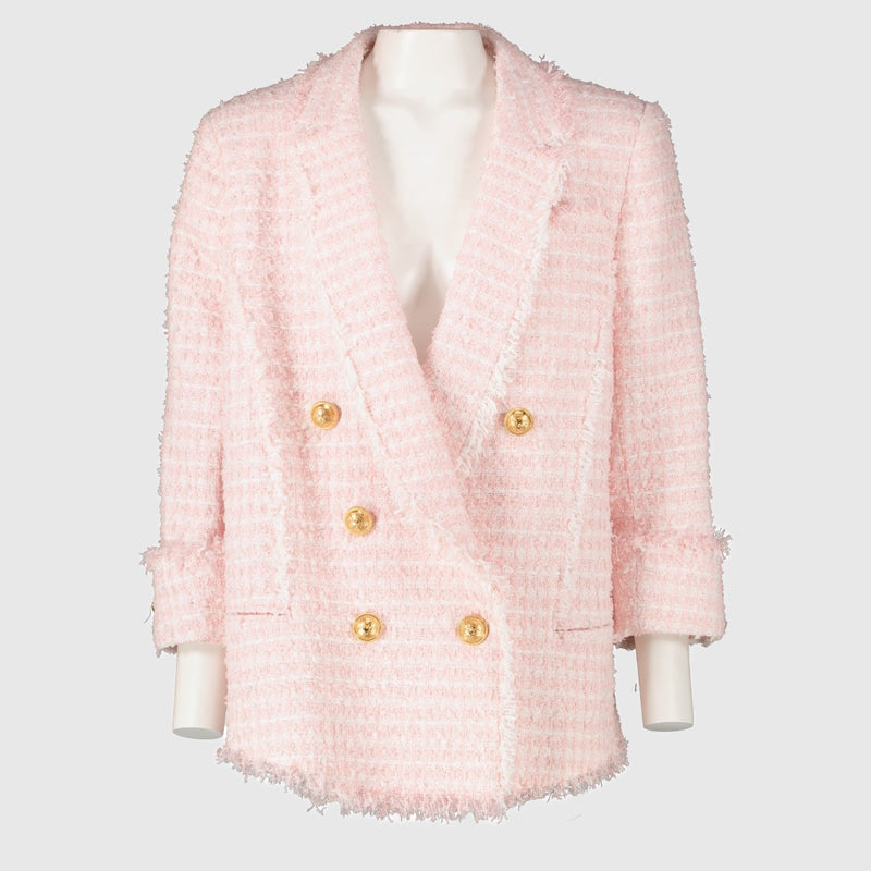 Balmain pink tweed double-breasted jacket with gold buttons, size FR 44 at Labellov.com