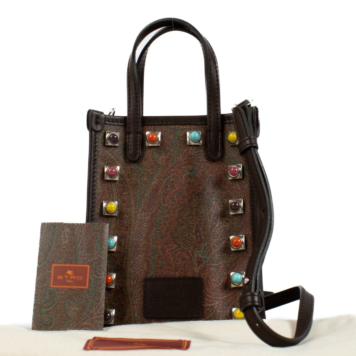 Etro Brown Paisley Stone Mini Crossbody bag with colorful studs and brown detailing, perfect for any occasion. Shop now on Labellov.com.