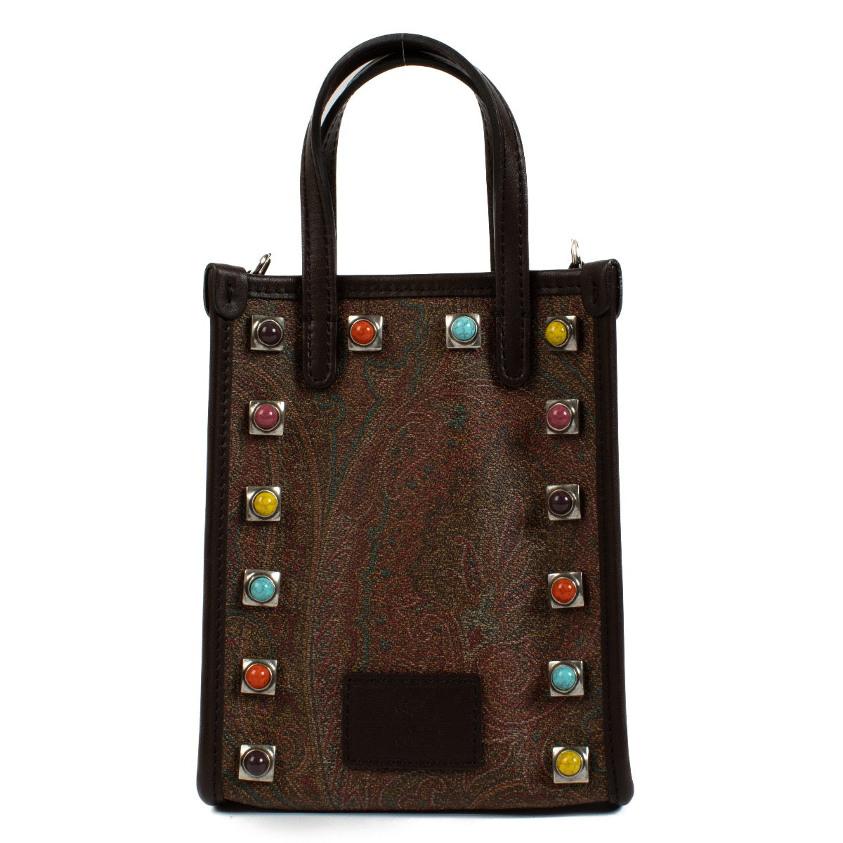 Etro Brown Paisley Stone Mini Crossbody bag with colorful studs and brown detailing, perfect for any occasion. Shop now on Labellov.com.