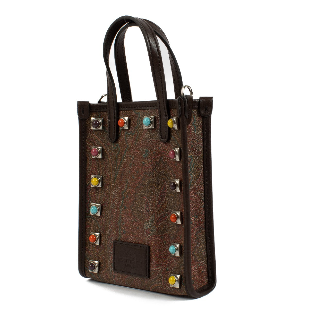Etro Brown Paisley Stone Mini Crossbody bag with colorful studs and brown detailing, perfect for any occasion. Shop now on Labellov.com.