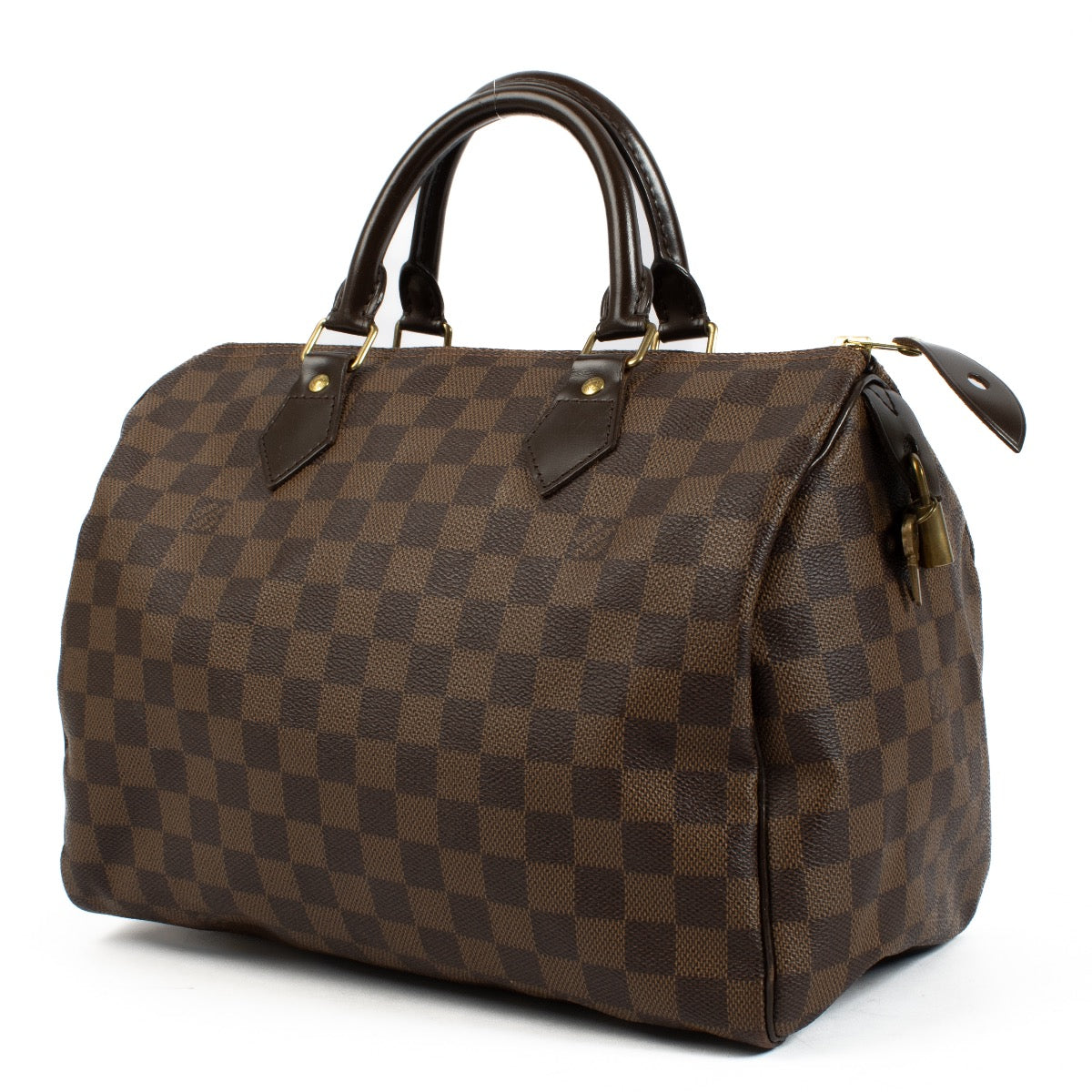The Louis Vuitton Damier Ebene Speedy 30 is a classic, spacious handbag crafted from signature brown canvas with leather handles and gold-tone hardware. Its timeless design and functional size make it perfect for everyday use or travel. Shop now on Labell