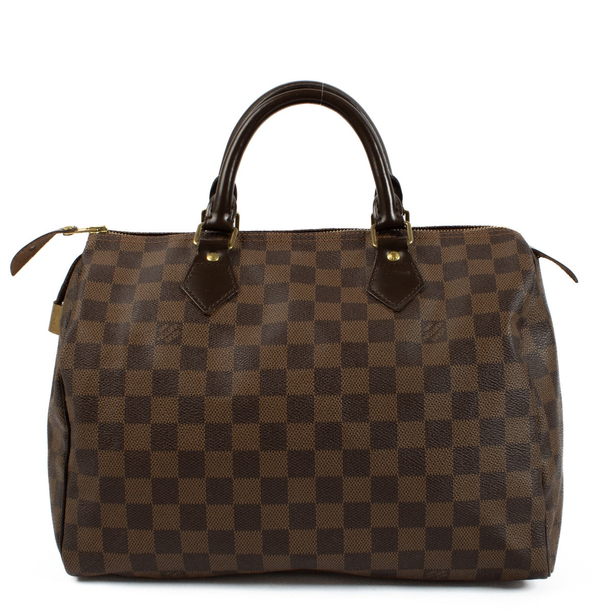 The Louis Vuitton Damier Ebene Speedy 30 is a classic, spacious handbag crafted from signature brown canvas with leather handles and gold-tone hardware. Its timeless design and functional size make it perfect for everyday use or travel. Shop now on Labell