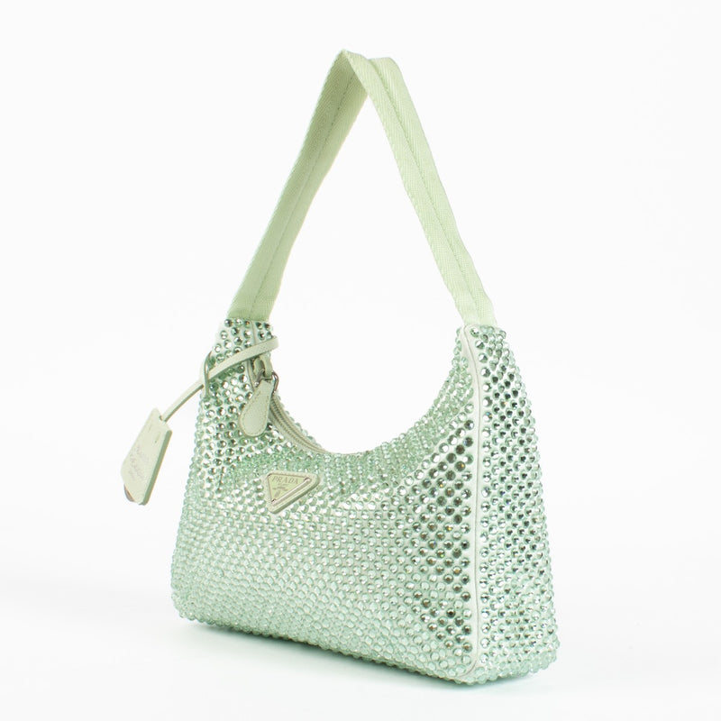 Authentic second hand Prada Green Crystal Satin Top handle bag on labellov.com