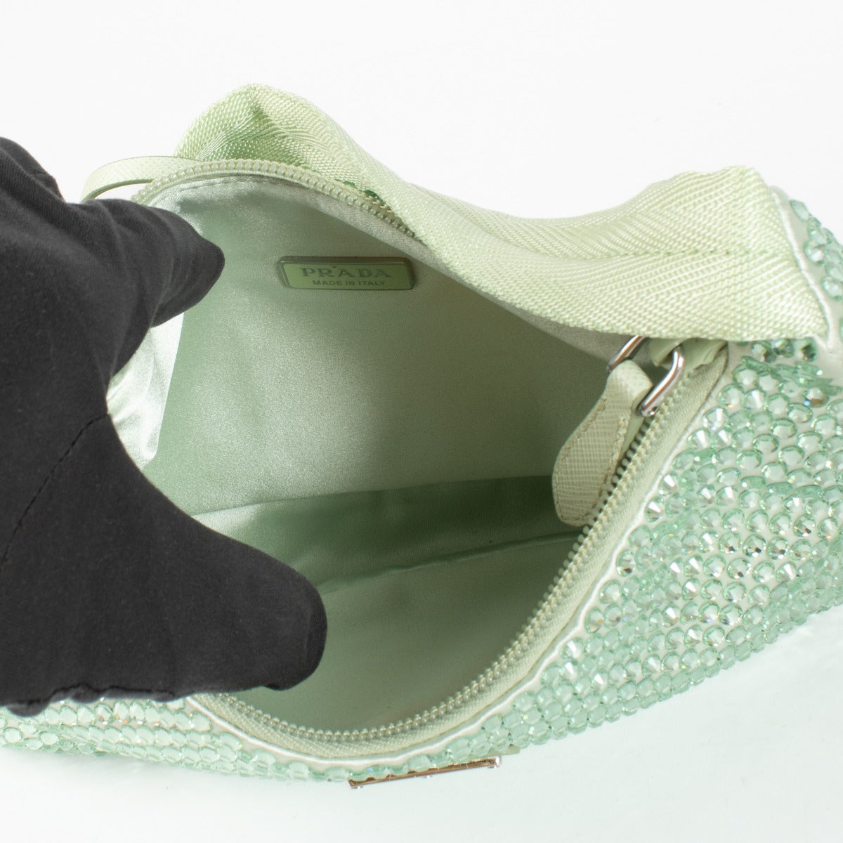 Authentic second hand Prada Green Crystal Satin Top handle bag on labellov.com