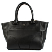 Prada Black City Calf Handbag in luxurious black calf leather, featuring a minimalist design, top handles, adjustable shoulder strap, and spacious interior. Shop now on Labellov.com.