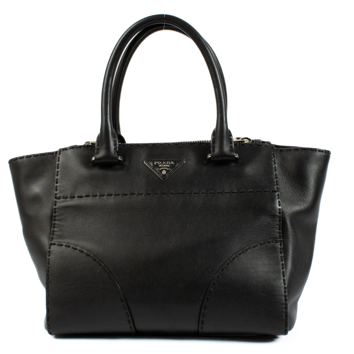 Prada Black City Calf Handbag in luxurious black calf leather, featuring a minimalist design, top handles, adjustable shoulder strap, and spacious interior. Shop now on Labellov.com.
