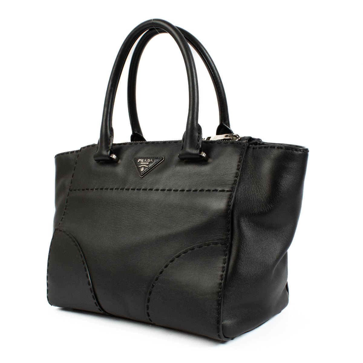Prada Black City Calf Handbag in luxurious black calf leather, featuring a minimalist design, top handles, adjustable shoulder strap, and spacious interior. Shop now on Labellov.com.