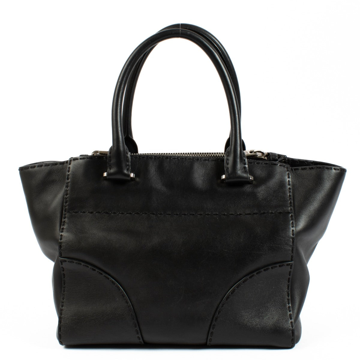 Prada Black City Calf Handbag in luxurious black calf leather, featuring a minimalist design, top handles, adjustable shoulder strap, and spacious interior. Shop now on Labellov.com.