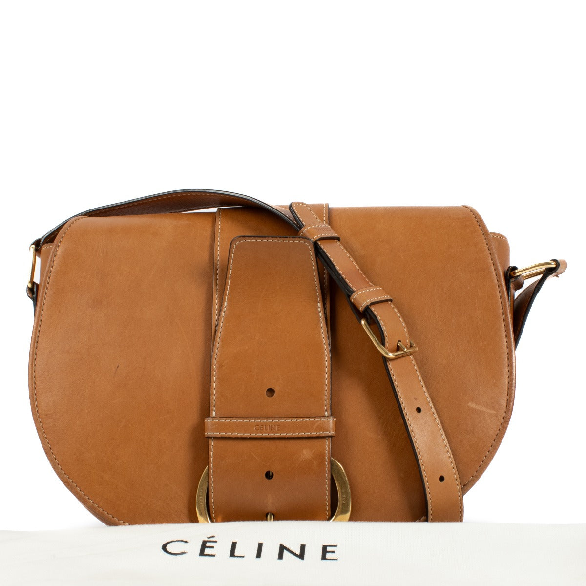Celine Tan Medium Camarat B bag in smooth tan leather with gold-tone hardware, featuring a structured design and an adjustable shoulder strap. Shop now on Labellov.com.