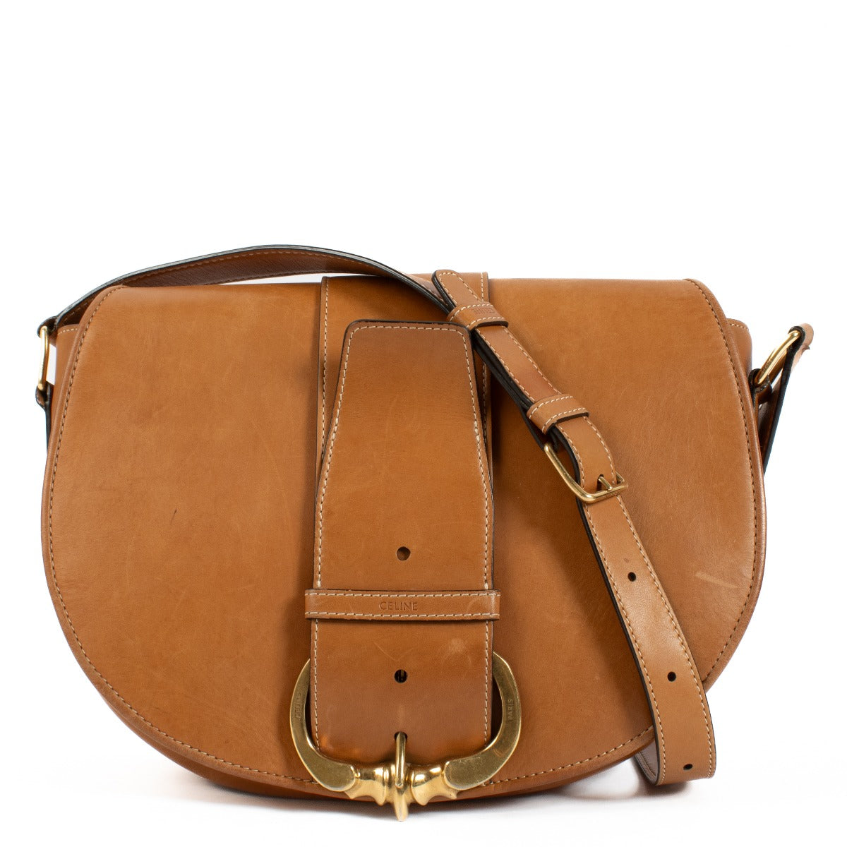 Celine Tan Medium Camarat B bag in smooth tan leather with gold-tone hardware, featuring a structured design and an adjustable shoulder strap. Shop now on Labellov.com.