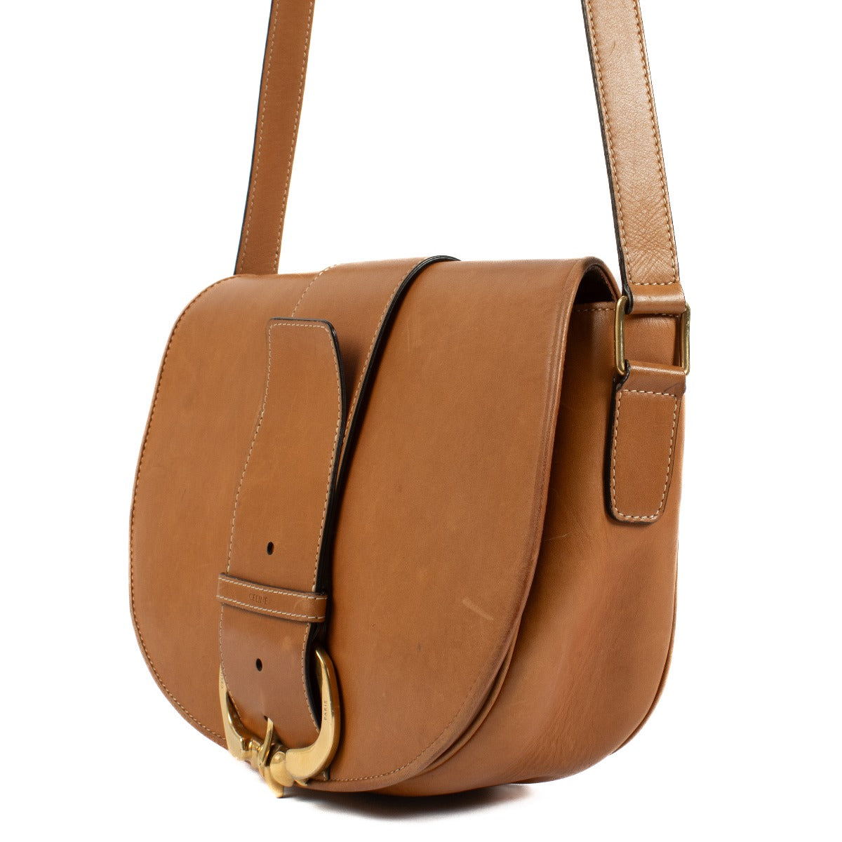 Celine Tan Medium Camarat B bag in smooth tan leather with gold-tone hardware, featuring a structured design and an adjustable shoulder strap. Shop now on Labellov.com.
