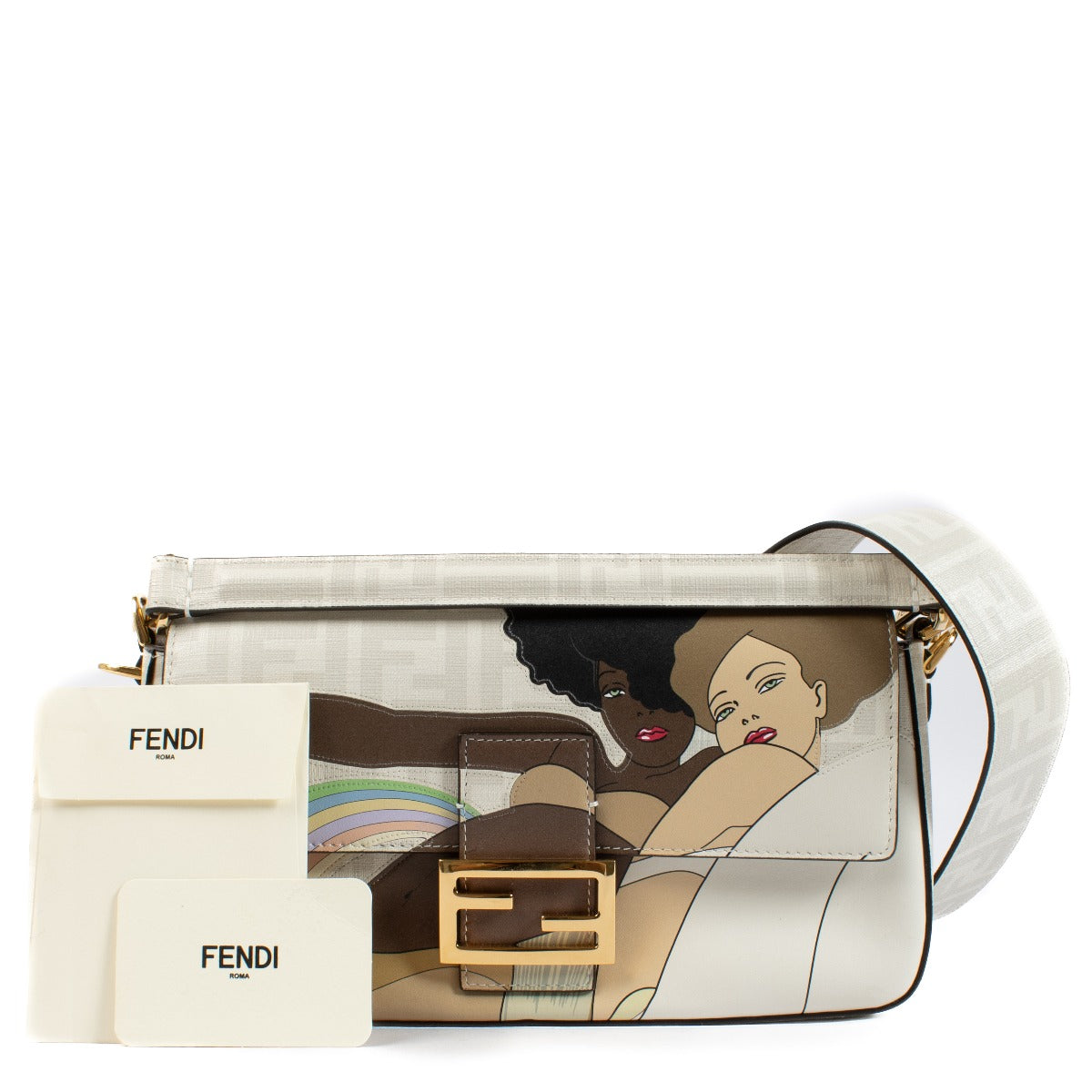 The Fendi FF Bikini Girls Baguette Bag combines iconic FF monogram canvas with a playful illustration, gold-tone hardware, and a detachable shoulder strap for a chic, versatile look. Shop now on Labellov.com.