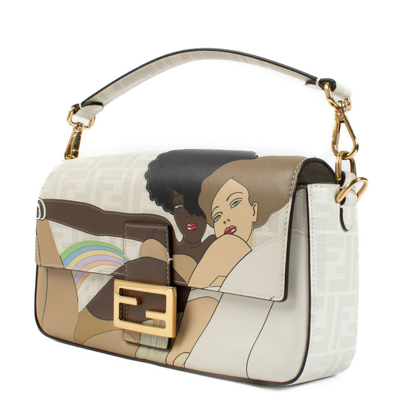 The Fendi FF Bikini Girls Baguette Bag combines iconic FF monogram canvas with a playful illustration, gold-tone hardware, and a detachable shoulder strap for a chic, versatile look. Shop now on Labellov.com.