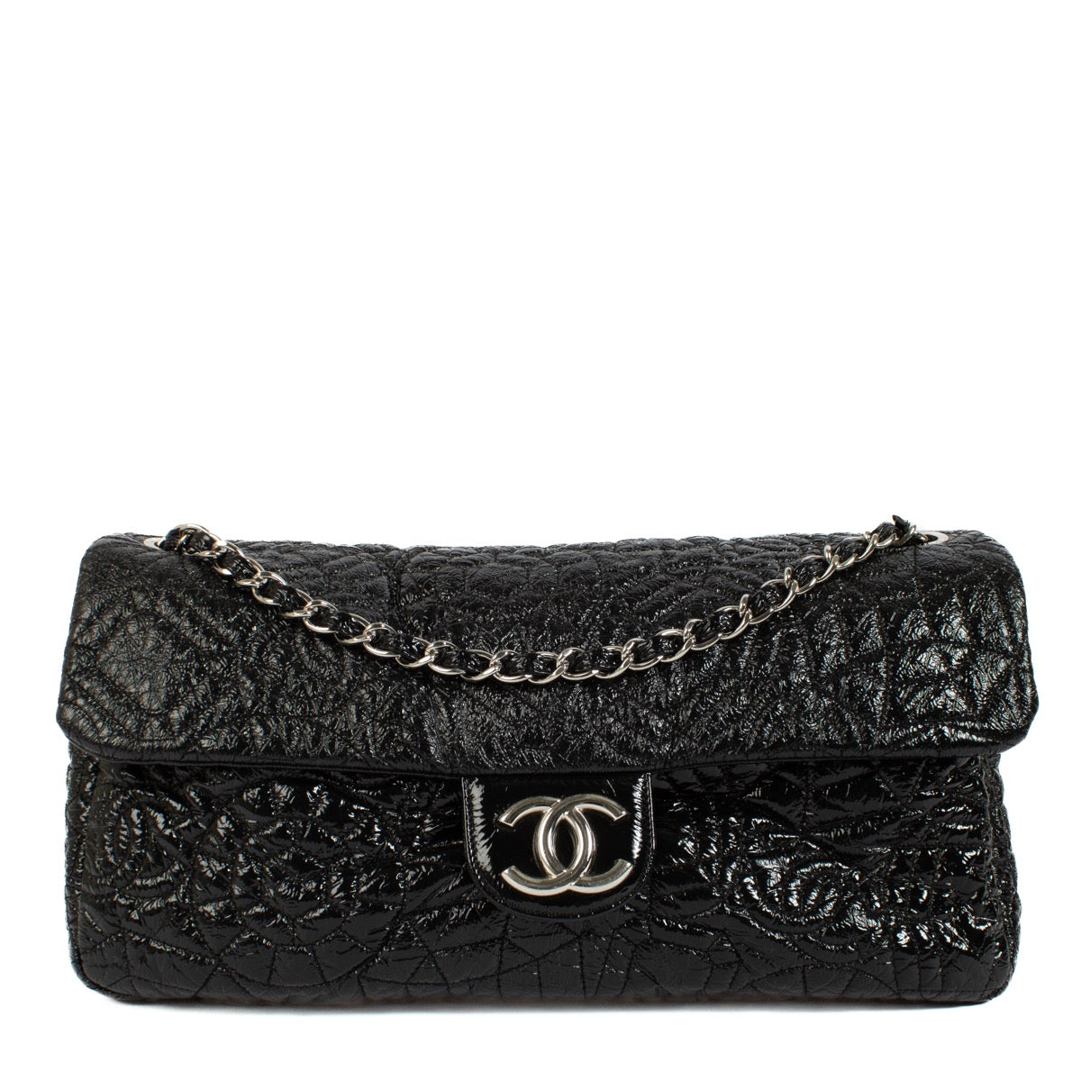 Authentic second hand Chanel Black Patent Graphic Edge Single Flap Bag on Labellov.com