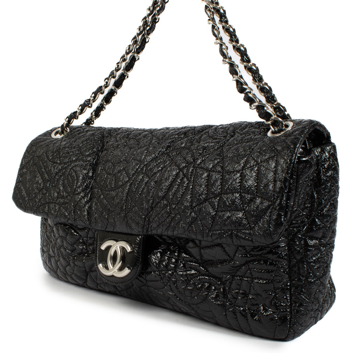 Authentic second hand Chanel Black Patent Graphic Edge Single Flap Bag on Labellov.com