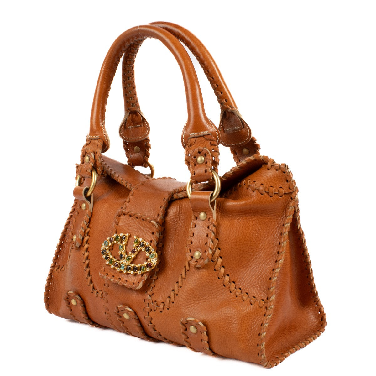 shop 100% authentic second hand Valentino Garavani Orange Whipstitch Leather Crystal Embellished Bag on Labellov.com