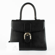 Delvaux Black Box Calf Brillant MM handbag with silver buckle at Labellov.com