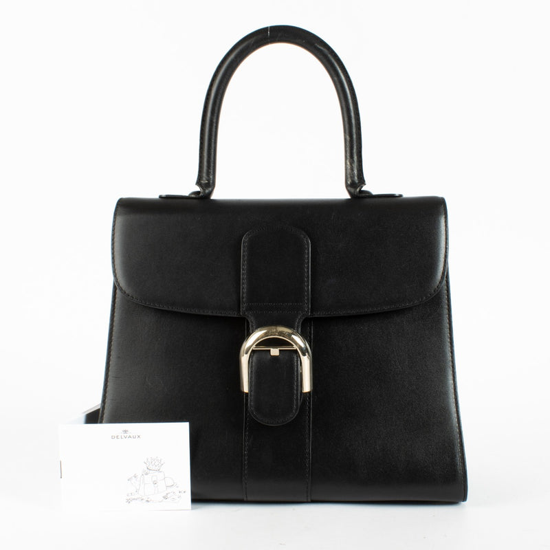 Delvaux Black Box Calf Brillant MM handbag with silver buckle at Labellov.com