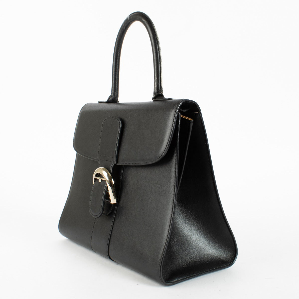 Delvaux Black Box Calf Brillant MM handbag with silver buckle at Labellov.com