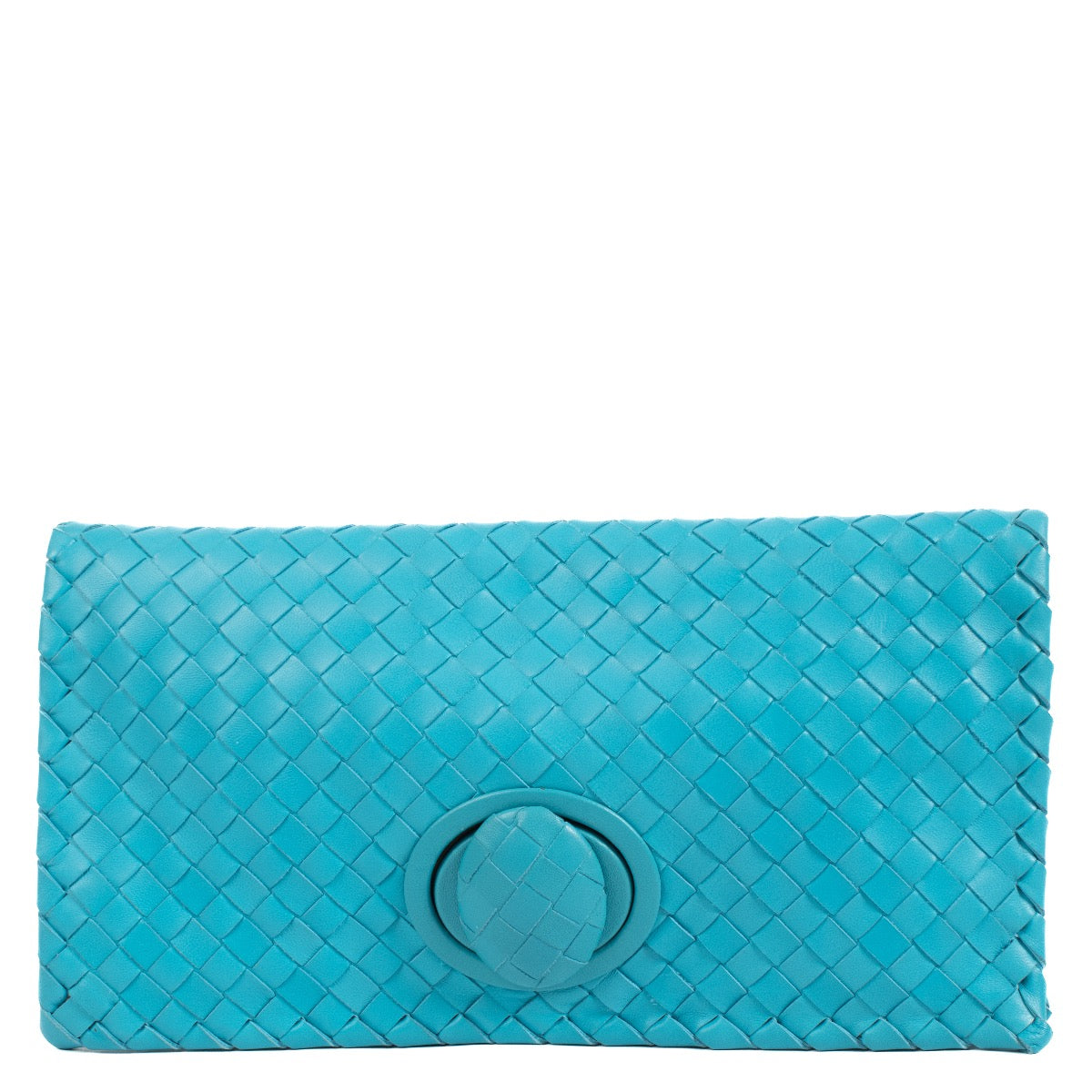 Buy authentic second hand Bottega Veneta Blue Turnlock Fold-Over Clutch at Labellov.com