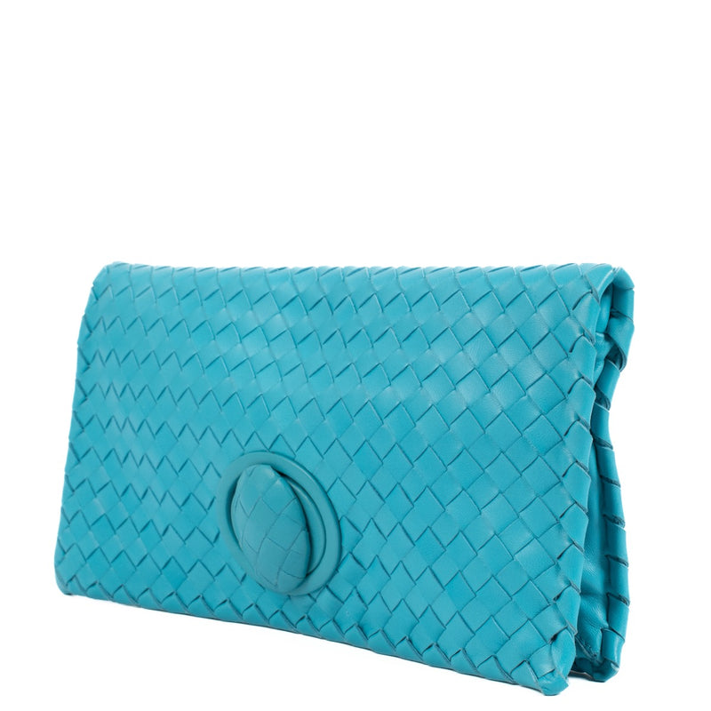 Buy authentic second hand Bottega Veneta Blue Turnlock Fold-Over Clutch at Labellov.com