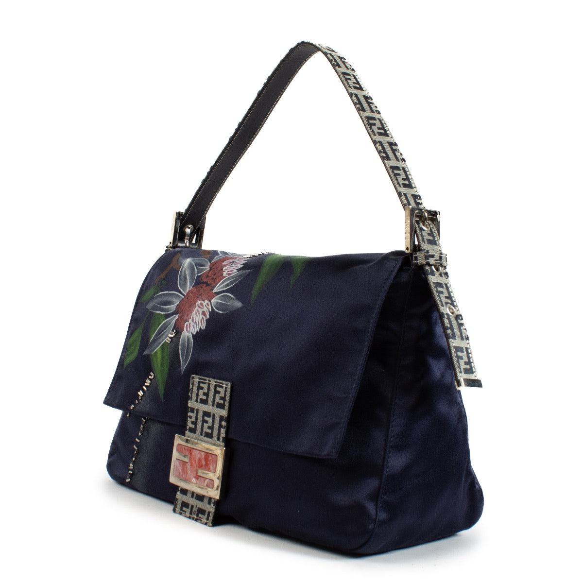Shop safe online at Labellov in Antwerp, Brussels and KNokke this 100% authentic second hand Fendi Zucchino-Trimmed Floral Satin Mamma Baguette Bag