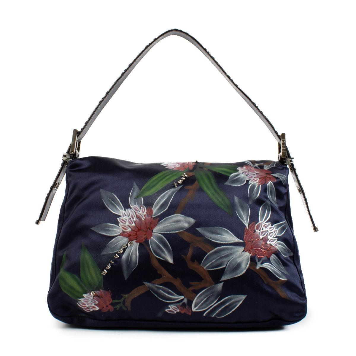 Shop safe online at Labellov in Antwerp, Brussels and KNokke this 100% authentic second hand Fendi Zucchino-Trimmed Floral Satin Mamma Baguette Bag