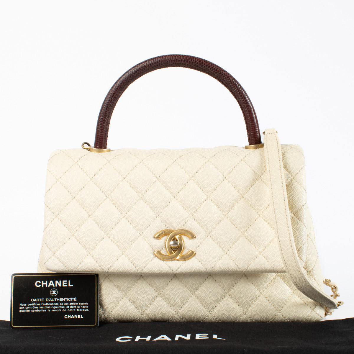 Chanel Cream and Burgundy Large Coco Top Handle Bag aan de beste prijs bij Labellov tweedehands