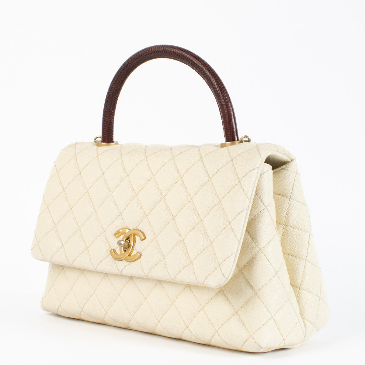 Chanel Cream/Burgundy Lizard Medium Coco Handle Bag