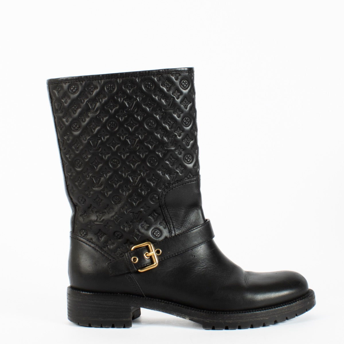 Authentic Pre-Loved Louis Vuitton Black Monogram Embossed Rebellion Ankle Boots - Size 39 1/2 on Labellov.com