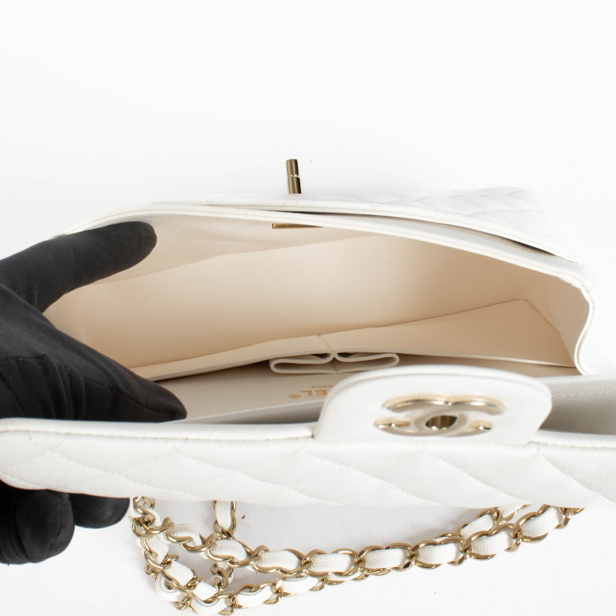Authentic Chanel White Caviar Small Classic Flap Bag on Labellov.com
