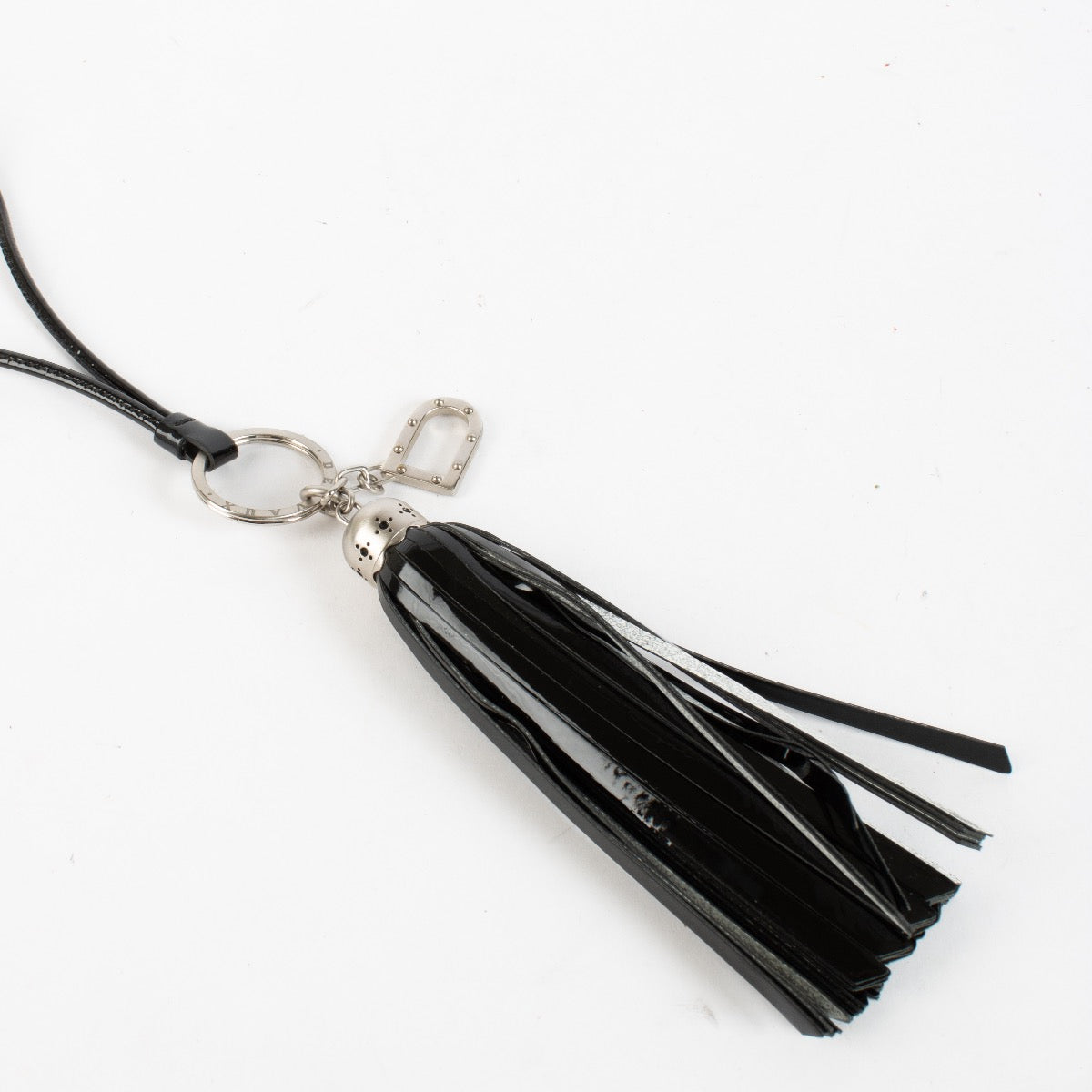 Delvaux Black Patent Tassel Necklace with silver hardware at Labellov.com