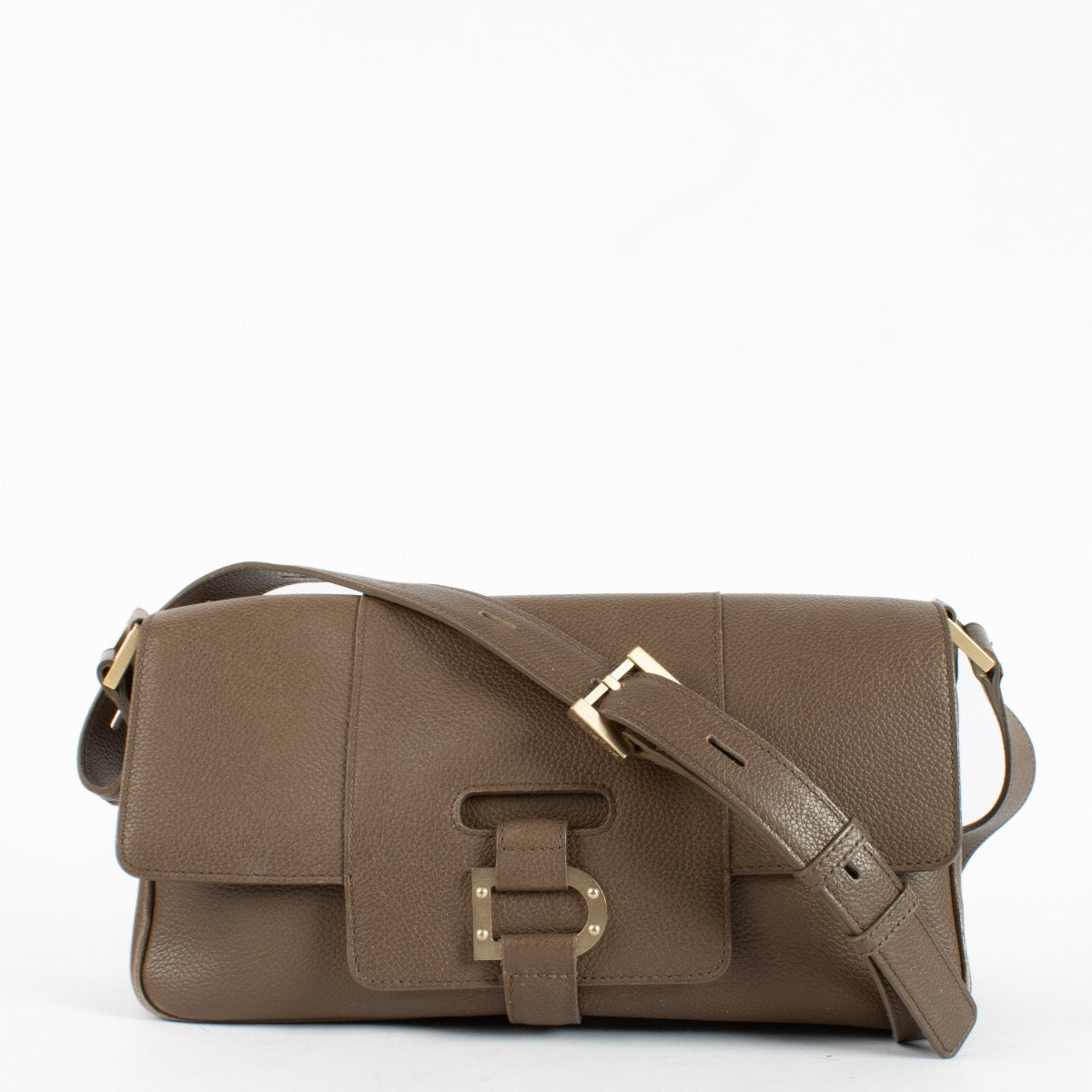 Delvaux Taupe Colette MM shoulder bag in grained leather with signature buckle detail at Labellov.com