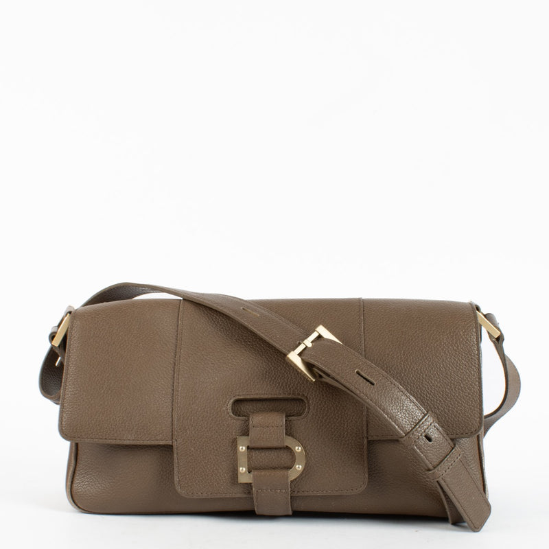 Delvaux Taupe Colette MM shoulder bag in grained leather with signature buckle detail at Labellov.com
