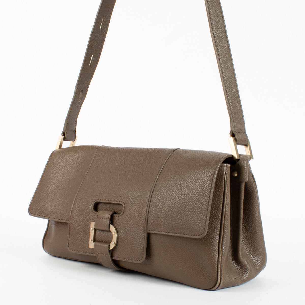 Delvaux Taupe Colette MM shoulder bag in grained leather with signature buckle detail at Labellov.com