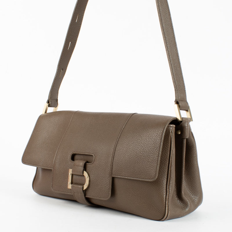 Delvaux Taupe Colette MM shoulder bag in grained leather with signature buckle detail at Labellov.com