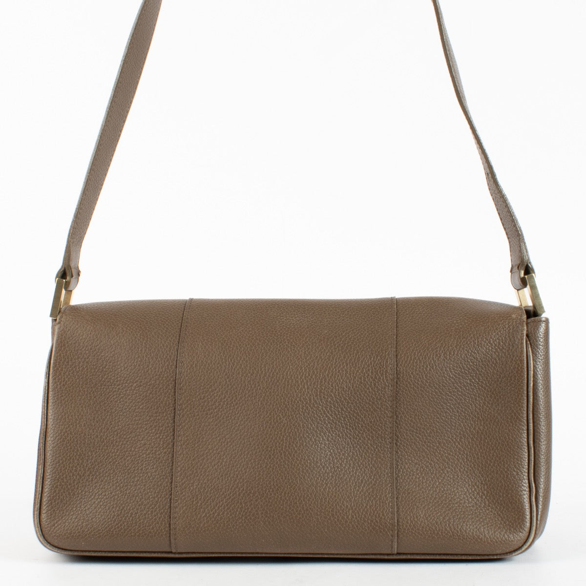 Delvaux Taupe Colette MM shoulder bag in grained leather with signature buckle detail at Labellov.com