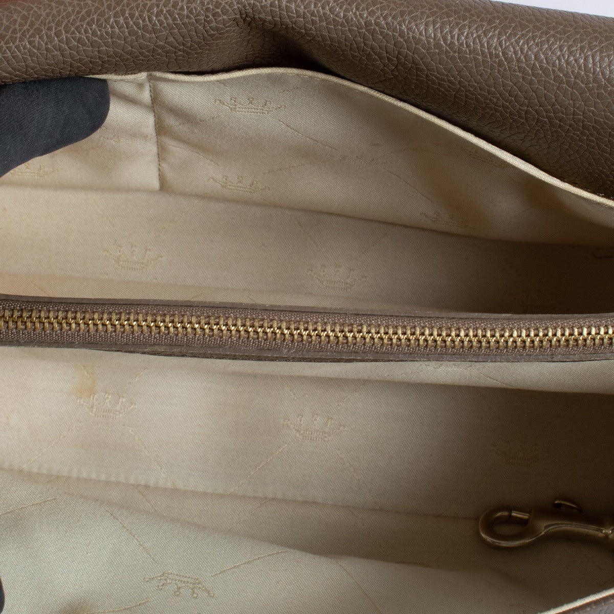 Delvaux Taupe Colette MM shoulder bag in grained leather with signature buckle detail at Labellov.com