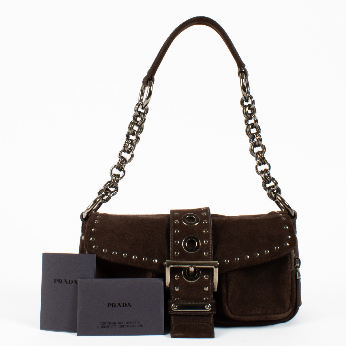 Shop safe online at Labellov in Antwerp and Knokke this 100% authentic second hand Prada Brown Suede Mini Studded Baguette Bag