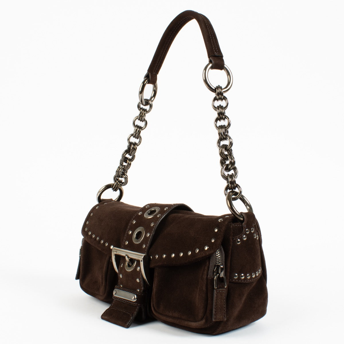 Shop safe online at Labellov in Antwerp and Knokke this 100% authentic second hand Prada Brown Suede Mini Studded Baguette Bag